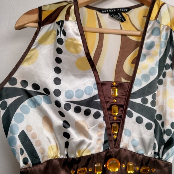 Vintage Y2K Antilia Femme Shirt Medium Sleeveless Yellow Brown Satin Bling Ties - Picture 10 of 16